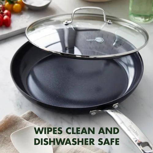 Vista 4 de GreenPan Chatham Black Prime Midnight Hard Anodized Healthy Ceramic Antiadherente, sartén de 12 pulgadas con tapa y Chatham Black Prime Midnight