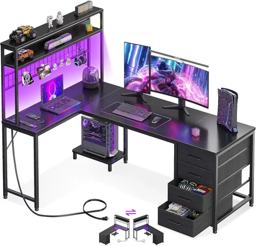 Vista 16 de AODK Escritorio en Forma de L para Gaming con Luz LED y Toma de Corriente, Mesa de Computadora Reversible en Forma de L de 43 Pulgadas con Estante