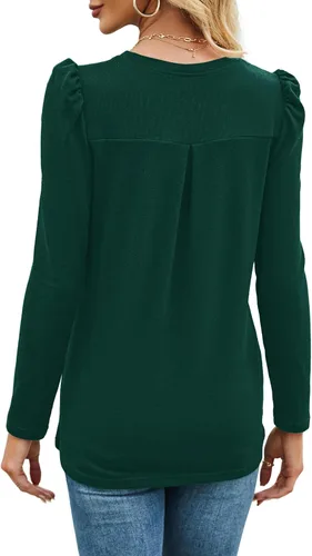 Vista 2 de Blusa de manga abombada para mujer, blusa casual de manga larga con cuello con cremallera