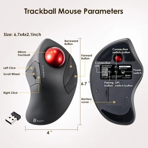 Vista 6 de SANWA Ratón ergonómico inalámbrico Bluetooth 5.1 + 2.4 G, mouse de bola de control de dedos, interruptor de 3 dispositivos, botones programables
