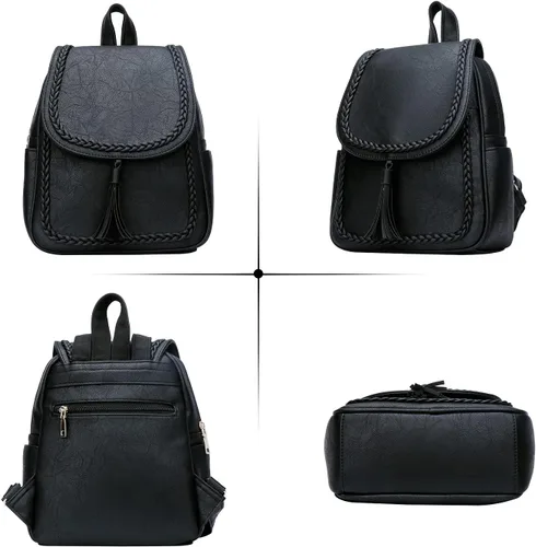 Vista 2 de KKXIU Bolso pequeño de la mochila del cuero sintético de la manera para las mujeres y las niñas adolescentes con la borla, Negro -, Viajar