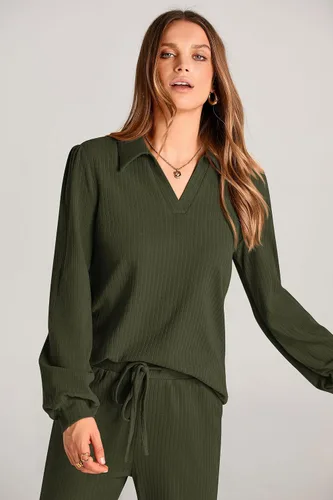 Vista 7 de PRETTYGARDEN Conjunto de dos piezas de ropa de otoño para mujer, manga larga, solapa, cuello en V, blusas, pantalones de pierna ancha, chándal