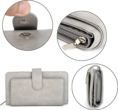 Vista 5 de UTO Cartera de cuero vegano para mujer, cartera larga con broche de presión, tarjetero de crédito, elegante embrague 0153 Gris