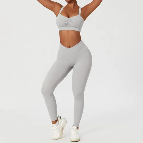 Vista 3 de ABOCIW Conjuntos de entrenamiento para mujer, 2 piezas, cintura cruzada, leggings de cintura alta, tirantes deportivos, para ejercicio, gimnasio
