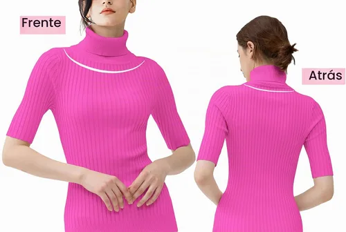 Vista 4 de v28 - Suéter ajustado de cuello alto con mangas de media sisa para mujer, de punto acanalado altamente elástico Rosa fuerte