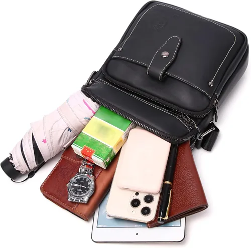 Vista 6 de LUKZIJAES Bolso de mensajero de cuero genuino para hombre, ligero, vintage, bandolera, pequeño, bolso casual para hombre