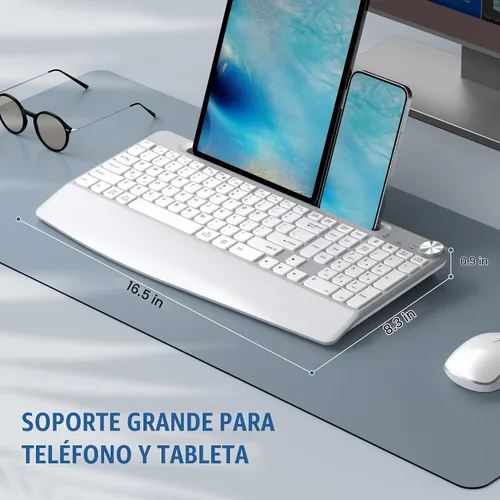 Vista 6 de JOYACCESS Combo ergonómico de teclado inalámbrico y ratón, teclado inalámbrico de tamaño completo diseñado con soporte para teléfono y Blanco