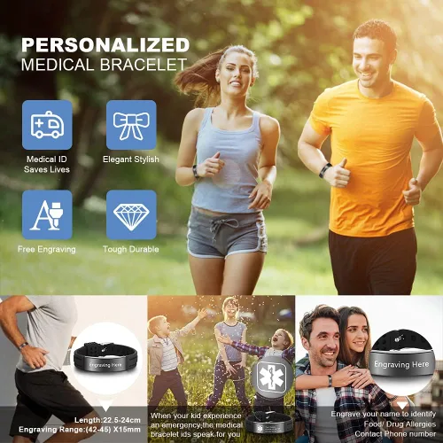 Vista 22 de OPALSTOCK Pulseras médicas personalizadas de silicona ajustable para identificación de emergencias, grabado gratuito, 9 pulgadas, resistente al