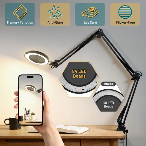 Vista 5 de 15X Magnifying Glass with Light and Clamp, 84 LED Hands-Free Lighted Magnifying Glass with Clamp, 3-Section Arm 5 Color Modes Dimming LED Desk