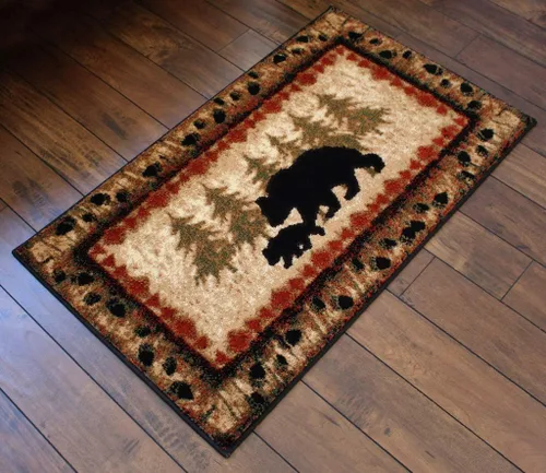 Vista 8 de Masada Masada Rugs 2'x3' Alfombra temática de cabina/cabaña con escena de oso y cachorro