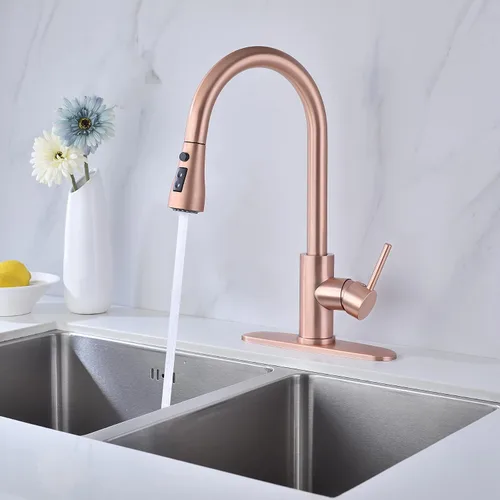 Vista 2 de Delle Rosa Grifo de cocina de cobre y oro rosa, montaje en cubierta, acero inoxidable 304, manija única, configuración de rociado de 3 vías, fácil