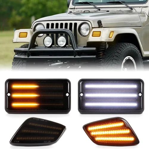 Vista 8 de Luces LED de señal de giro para Jeep Wrangler TJ 1997 1998 1999 2000 2001 2002 2003 2004 2005 2006, lente ahumada ámbar DRL luz de estacionamiento