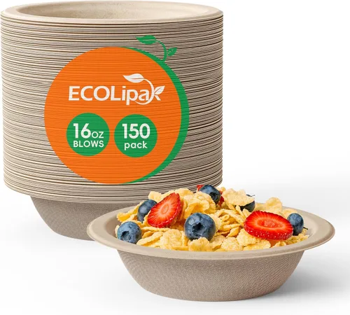Vista 10 de ECOLipak - Paquete de 150 cuencos de papel desechables compostables naturales de 12 onzas para ensalada Resistente, biodegradable, hecho de bagazo