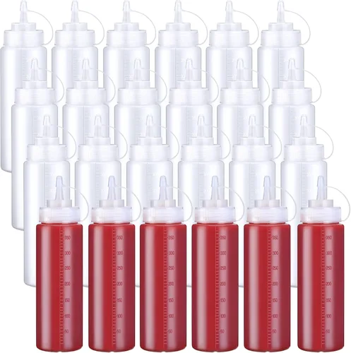 Vista 8 de Xinnun 24 botellas de plástico para exprimir condimentos, a prueba de fugas, botellas multiusos con tapa superior giratoria para salsas, ketchup