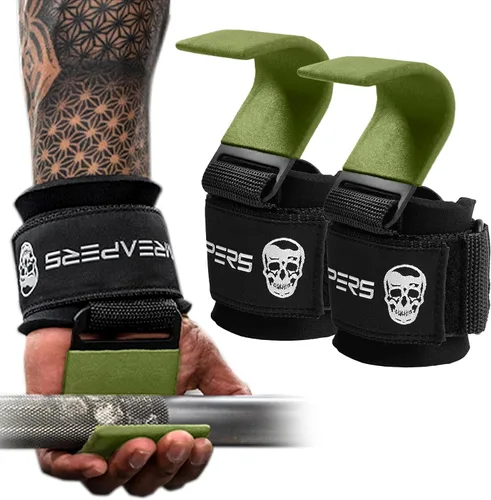 Vista 8 de Ganchos para levantamiento de pesas Gymreapers (par), correas de muñeca de potencia resistentes con soporte de agarre para la mano