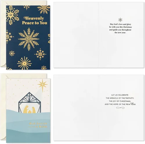 Vista 5 de Hallmark Surtido de tarjetas religiosas de Navidad, paz celestial (36 tarjetas y sobres) Azul polvoriento y lámina dorada