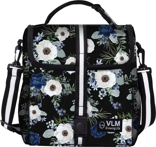 Vista 9 de VLM - Bolsas de almuerzo para mujer, lonchera floral aislada a prueba de fugas con correa de hombro ajustable, bolsa de picnic reutilizable