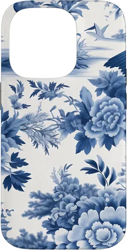 Vista 17 de iPhone 16 White and blue Chinoiserie Botanical Floral Bird Classic Case