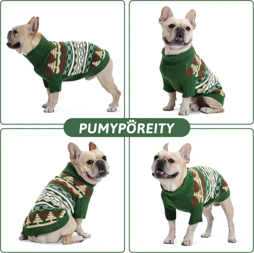 Vista 7 de PUMYPOREITY Suéter de vacaciones para perro, acogedor suéter de invierno, ajuste elástico, cuello alto, tema de Navidad para perros pequeños y Verde
