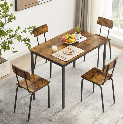 Vista 2 de Juego de mesa de comedor, industrial de 5 piezas con 4 sillas de comedor con respaldo, ideal para restaurantes, desayunador, pub
