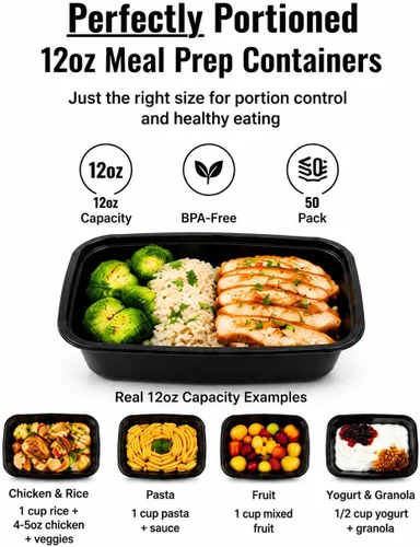 Vista 2 de Pequeños recipientes de preparación de comidas, 12 onzas [paquete de 50] – Mini recipientes individuales de 1 compartimento para preparación