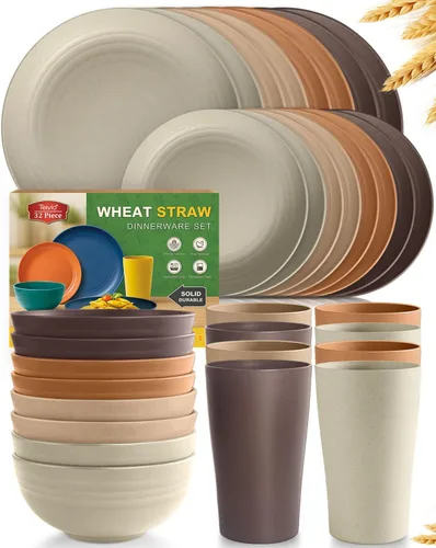 Vista 9 de Teivio Juego de vajilla de plástico de paja de trigo de 32 piezas para cocina, servicio para 8, platos, cuencos y tazas irrompibles, vajilla