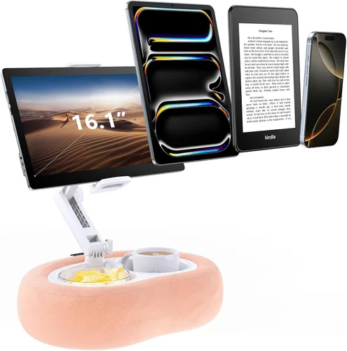 Vista 8 de Soporte para tableta y lector electrónico con almohada de felpa suave y 2 bandejas desmontables, soporte ajustable para tableta para cama o regazo