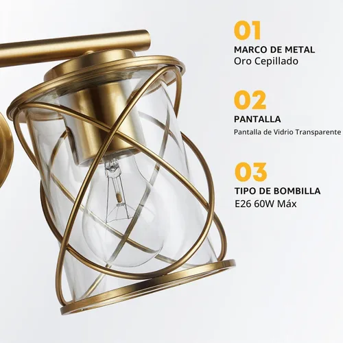 Vista 4 de mavcadonf Luces de Tocador de Baño de 2 Luces, Lámparas de Baño sobre el Espejo, Luz de Tocador Dorado Cepillado, Luces de Pared de Estilo Rústico