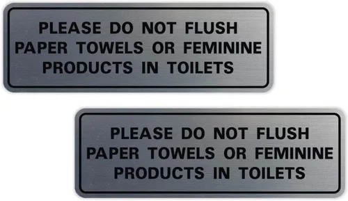 Vista 10 de All Quality Estándar Please Do Not Flush Toallas de papel o productos femeninos en inodoros puerta o pared Letrero Negro - Pequeño (1 paquete)