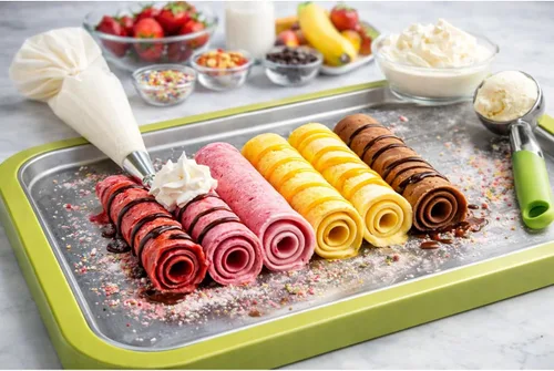 Vista 2 de Kit de máquina de helado enrollado – Haz helado en casa en minutos, divertido postre de bricolaje para niños y familia, incluye 2 espátulas
