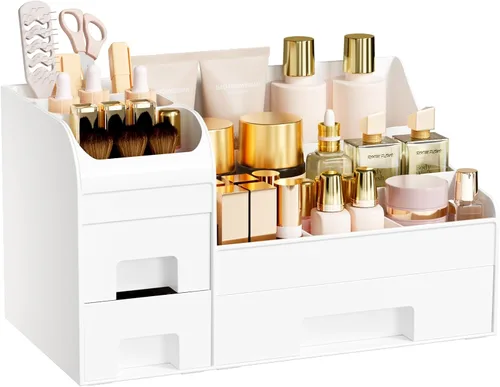 Vista 9 de Organizador de maquillaje extra grande para tocador, organizador de encimera con cajones y soporte para cepillos, organizador de colonia para hombre
