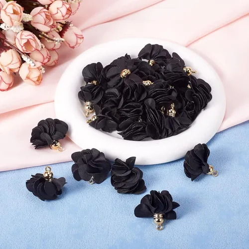 Vista 7 de Cheriswelry 50 colgantes de tela de tela de flores de tela negra con pétalos florales con tapa dorada en forma de campana para manualidades, aretes