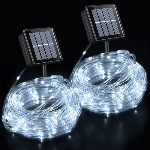Vista 19 de QITONG Paquete de 2 luces solares verdes, cada cadena de 100 luces LED de 33 pies para exteriores, 8 modos de luces de hadas en tubo de PVC