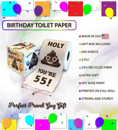 Vista 3 de Papel higiénico impreso TP para regalo de cumpleaños 55 – Holy You're 55 Bday Party Funny Birthday Gag Gift Broma papel higiénico, novedad única 55