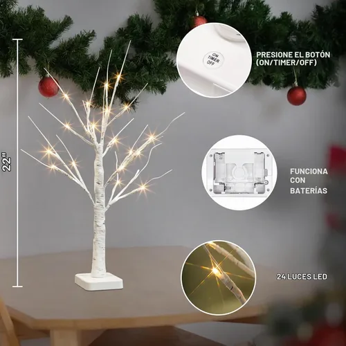 Vista 3 de PABIPABI Árbol de Abedul Iluminado, Árbol de Navidad de 22'' con 24 LED, Centro de Mesa Árbol Artificial con Luces Alimentado por Batería
