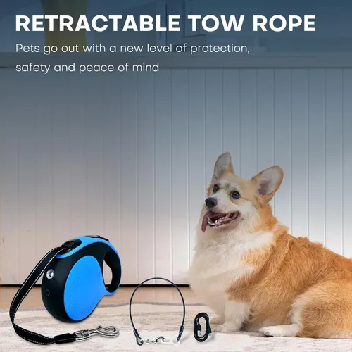 Vista 7 de Correa retráctil con cable a prueba de mordeduras y linterna LED para perros pequeños, medianos y grandes de hasta 110 libras, correa resistente