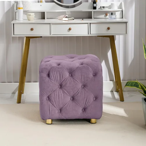 Vista 3 de Otomana cuadrada tapizada de terciopelo, moderna y suave, taburete de maquillaje, asiento cómodo para sala de estar, dormitorio, entrada (morado)