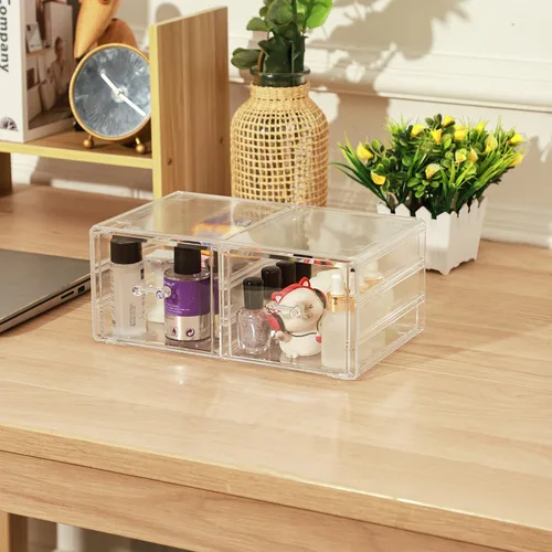 Vista 5 de Paquete de 2 cajones apilables de acrílico para encimera de baño, organizador transparente para cosméticos, organizador de joyas, accesorios