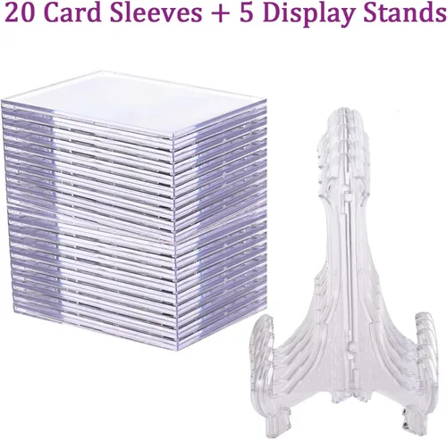 Vista 5 de Fundas para tarjetas coleccionables, 20 unidades, protectores de tarjetas de acrílico duro, ladrillo transparente + 5 soportes de exhibición