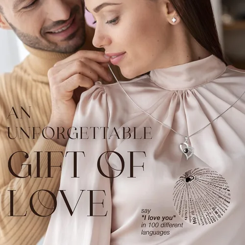 Vista 3 de GLAMOUR BOUTIQUE Preserved Rose in a Box with I Love You Necklace in 100 Languages - Enchanted Flower Jewelry Set with Silver Stud Earrings Gifts