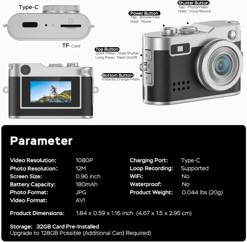 Vista 6 de Mini cámara digital, 1080P HD minúscula cámara retro llavero con tarjeta de 32 GB, pantalla de 0.96 pulgadas y adaptador OTG, cámara de bolsillo