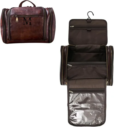 Vista 7 de Neceser para hombres y mujeres con gancho para colgar, cuero de grano completo hecho a mano, kit de viaje vintage, bolsa de cosméticos de cuero