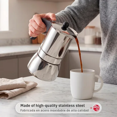 Vista 3 de Magefesa Genova - Cafetera espresso para estufa de 4 tazas, olla moka de acero inoxidable, compatible con inducción, cafetera Greca Plateado