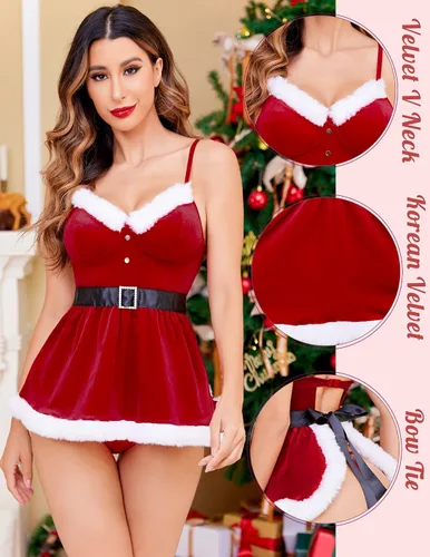 Vista 2 de Avidlove Conjuntos de lencería de Navidad para mujer, con estampado de Papá Noel, de terciopelo rojo