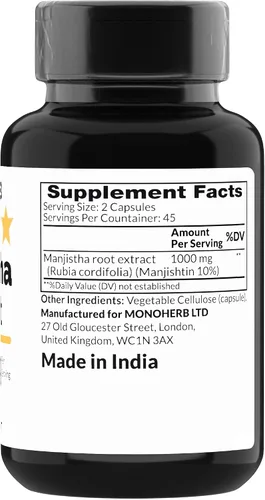 Vista 2 de MONOHERB Manjistha 1000 mg - 90 Cápsulas Vegetarianas - Extracto de raíz de Manjistha Supremo - Rubia Cordifolia