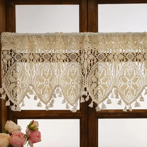 Vista 3 de Cenefa de cortina de ganchillo retro para ventana de cocina, cortinas bohemias para decoración de café, bolsillo para barra, cortinas cortas