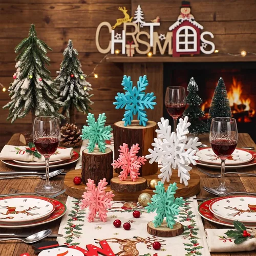 Vista 3 de Bucherry 12 piezas de decoración de mesa de copo de nieve de madera 3D con copos de nieve y centro de mesa para fiesta de congelados, Navidad