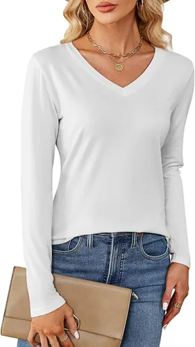Vista 5 de Ficerd Paquete de 2 camisetas con cuello en V para mujer, manga corta o larga, camisetas básicas de verano casuales con dobladillo sólido