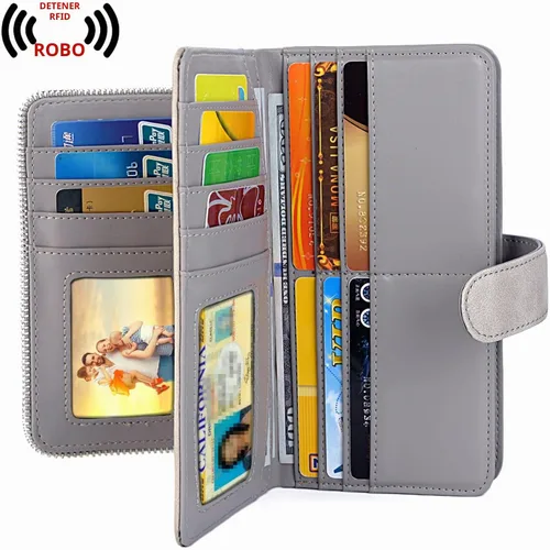 Vista 3 de UTO Cartera de cuero vegano para mujer, cartera larga con broche de presión, tarjetero de crédito, elegante embrague 0153 Gris
