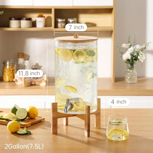 Vista 2 de Dispensador de bebidas de vidrio de 2 galones con soporte, dispensador de bebidas con tapa de madera y grifo de acero inoxidable, dispensador